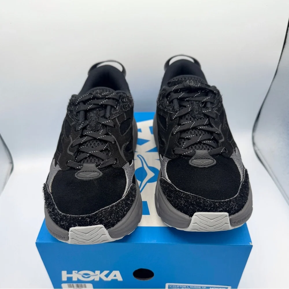 NWT Hoka Clifton Elite Terrain System L Suede Leather Black Grey Unisex Sneakers - Picture 12 of 16